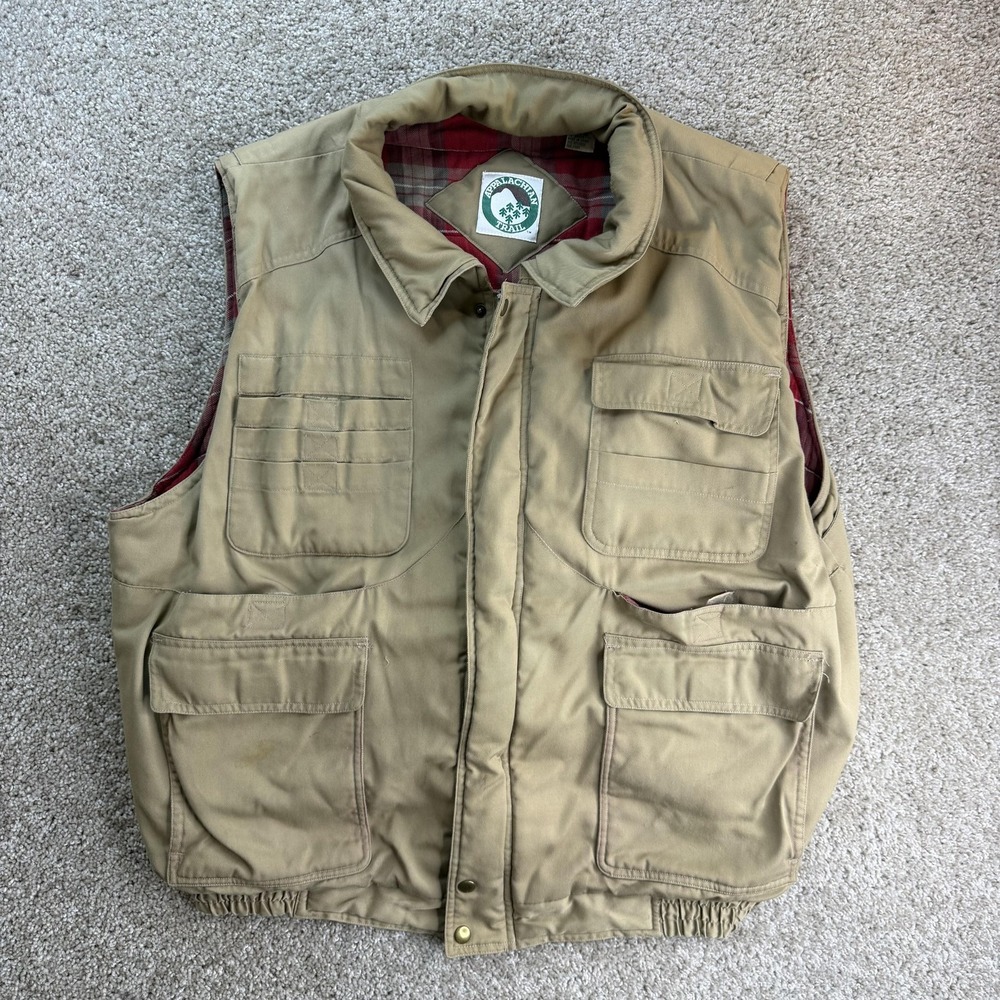 Vintage Appalachian Trail Vest Mens 2XL Beige Canvas Plaid Lined Puffer Outdoor